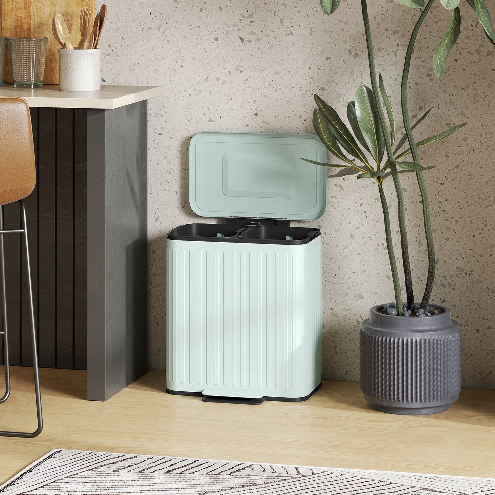 2 X 20l Double Rubbish Bin, Pedal Bin With Rubbish Bags | Green