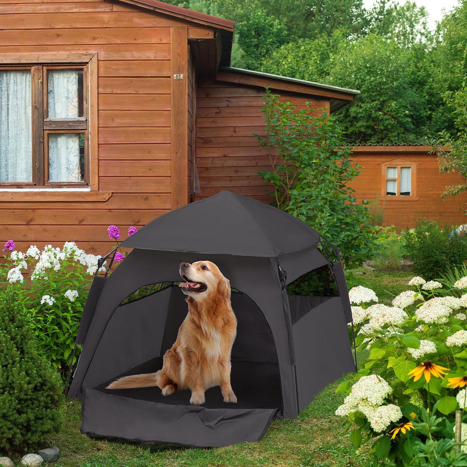 Pawhut Foldable Dog Cat Tent With Waterproof Oxford Cloth, Carry Bag | Gray