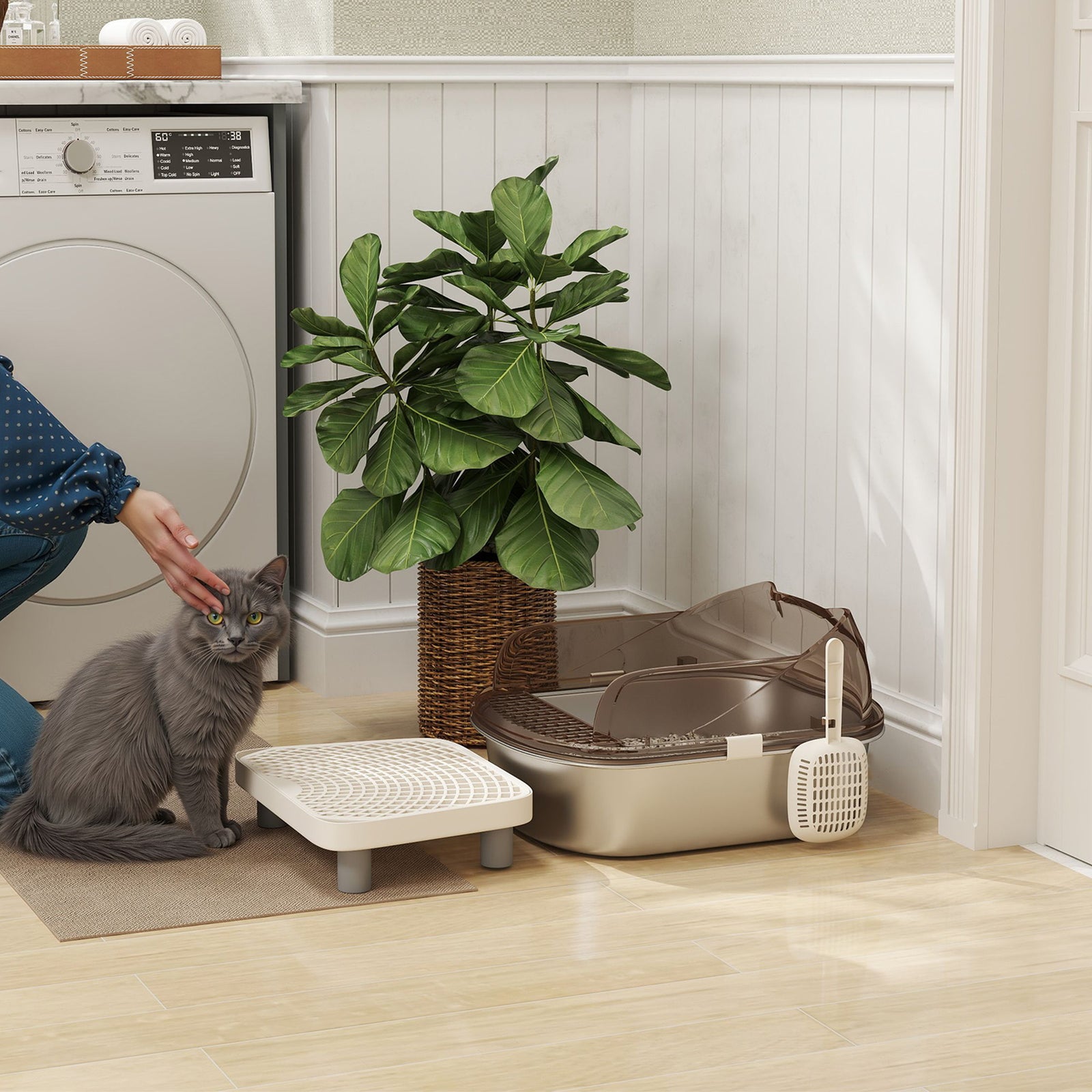 Pawhut Stainless Steel Litter Box, Cat Litter Tray W/ Lid, Pedal, Scoop