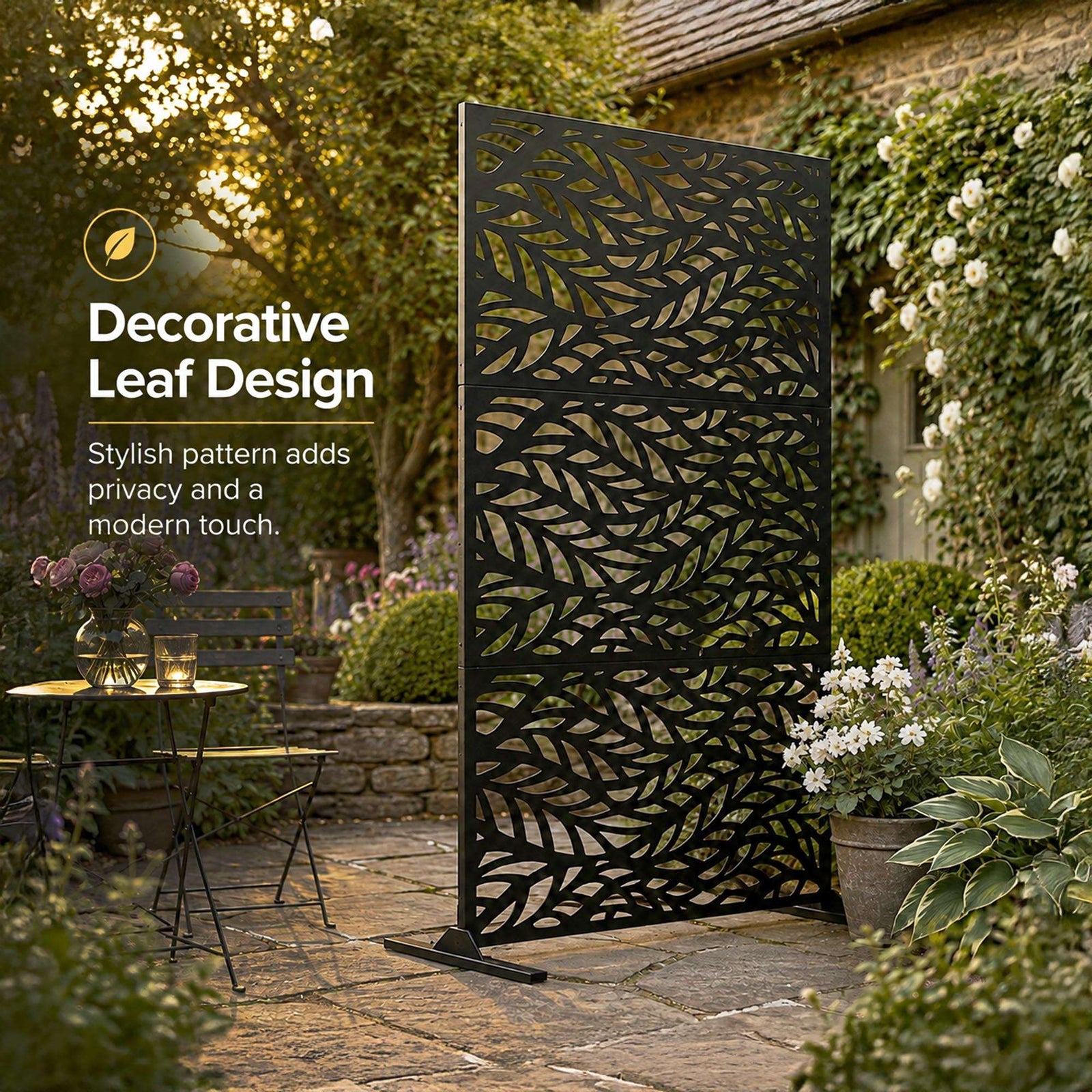 Indoor Outdoor Metal Privacy Screen - Leaf Pattern | Black