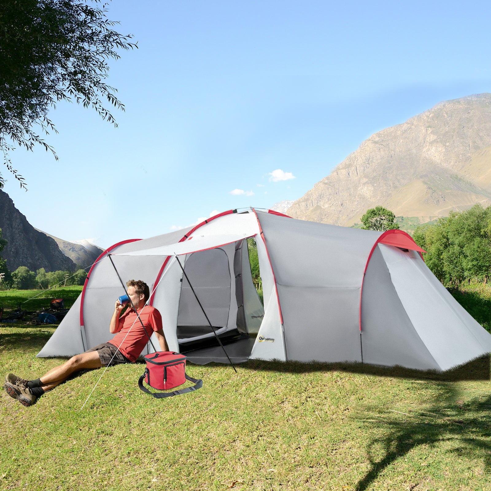 4-6 Man Tunnel Tent, Camping Tent W/ Bedroom, Living Area | Gray