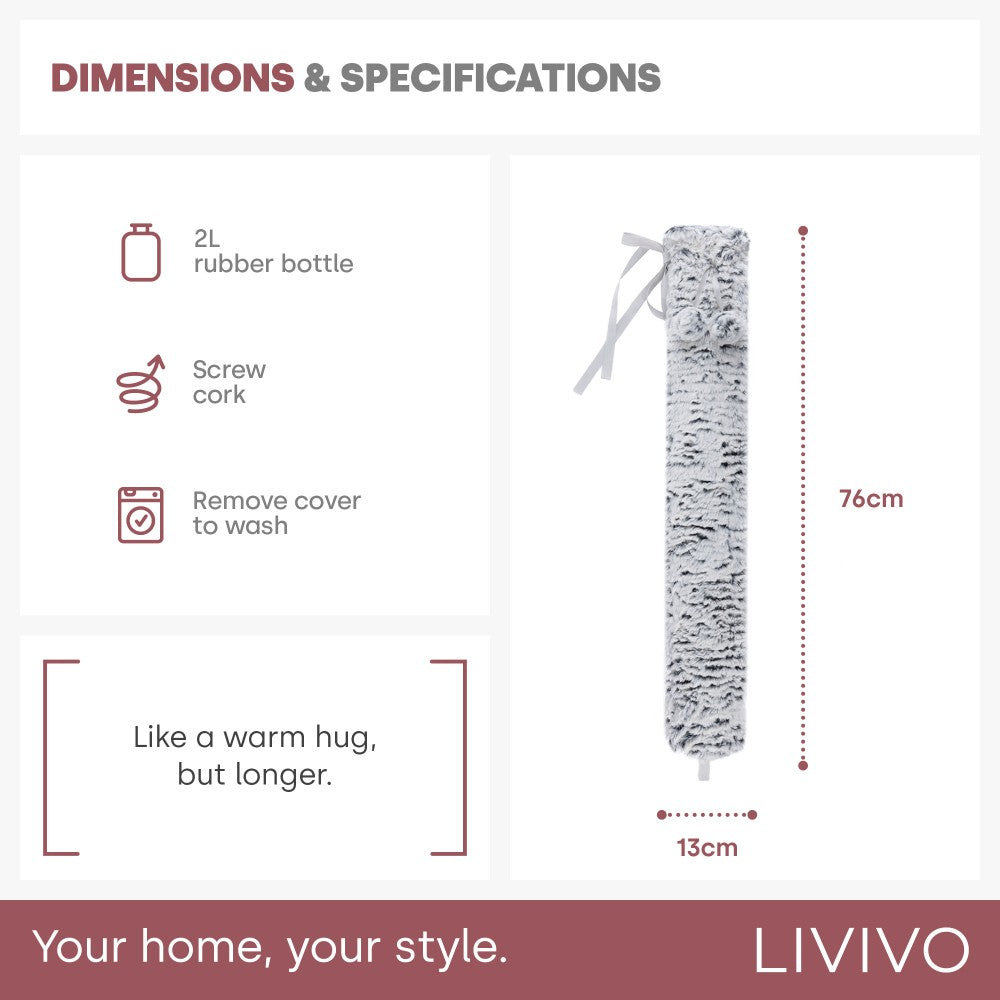 Livivo Extra Long Grey 2l Hot Water Bottle With Soft Plush Washable Cover