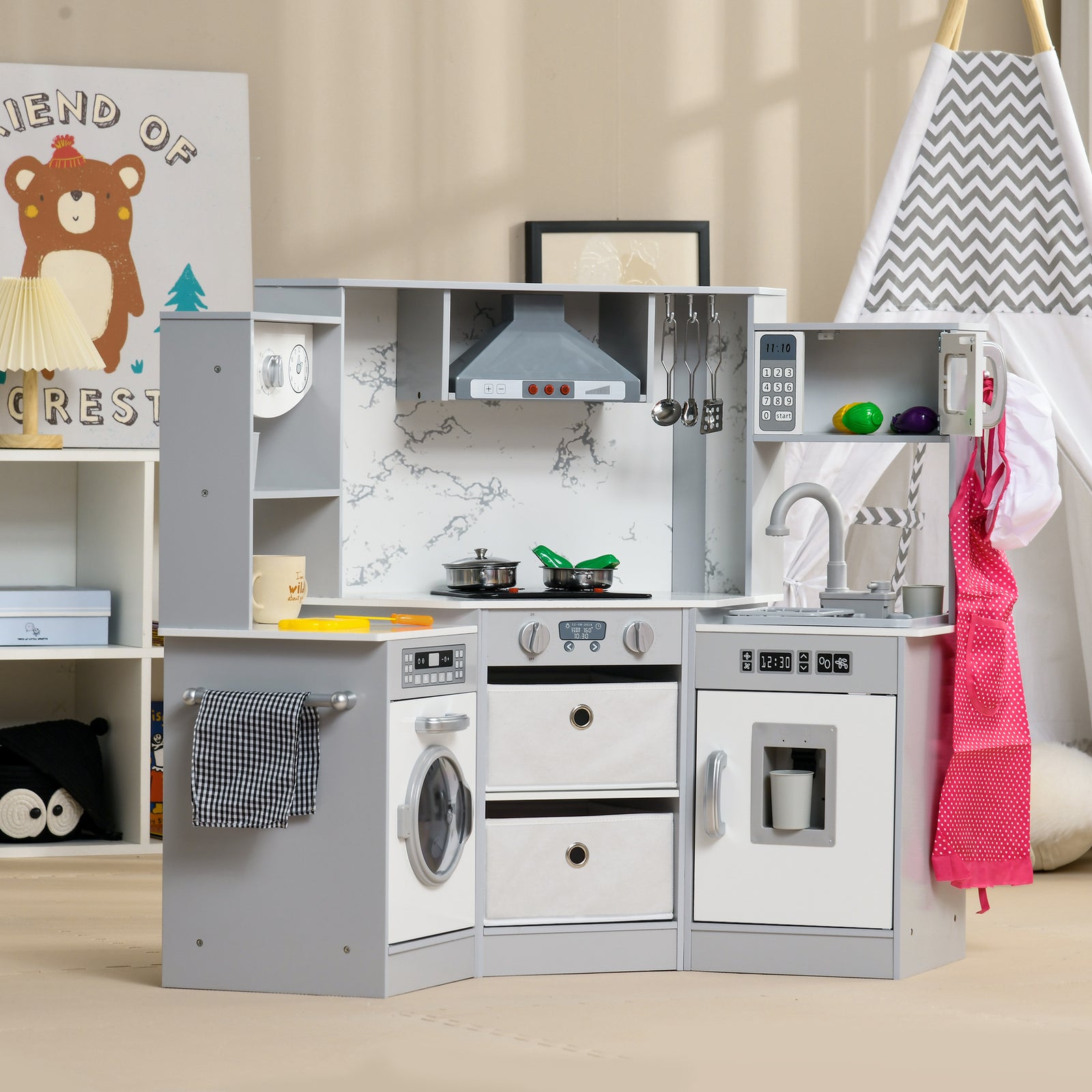 Toy Kitchen Playset W/ Running Water, Apron And Chef Hat - Grey