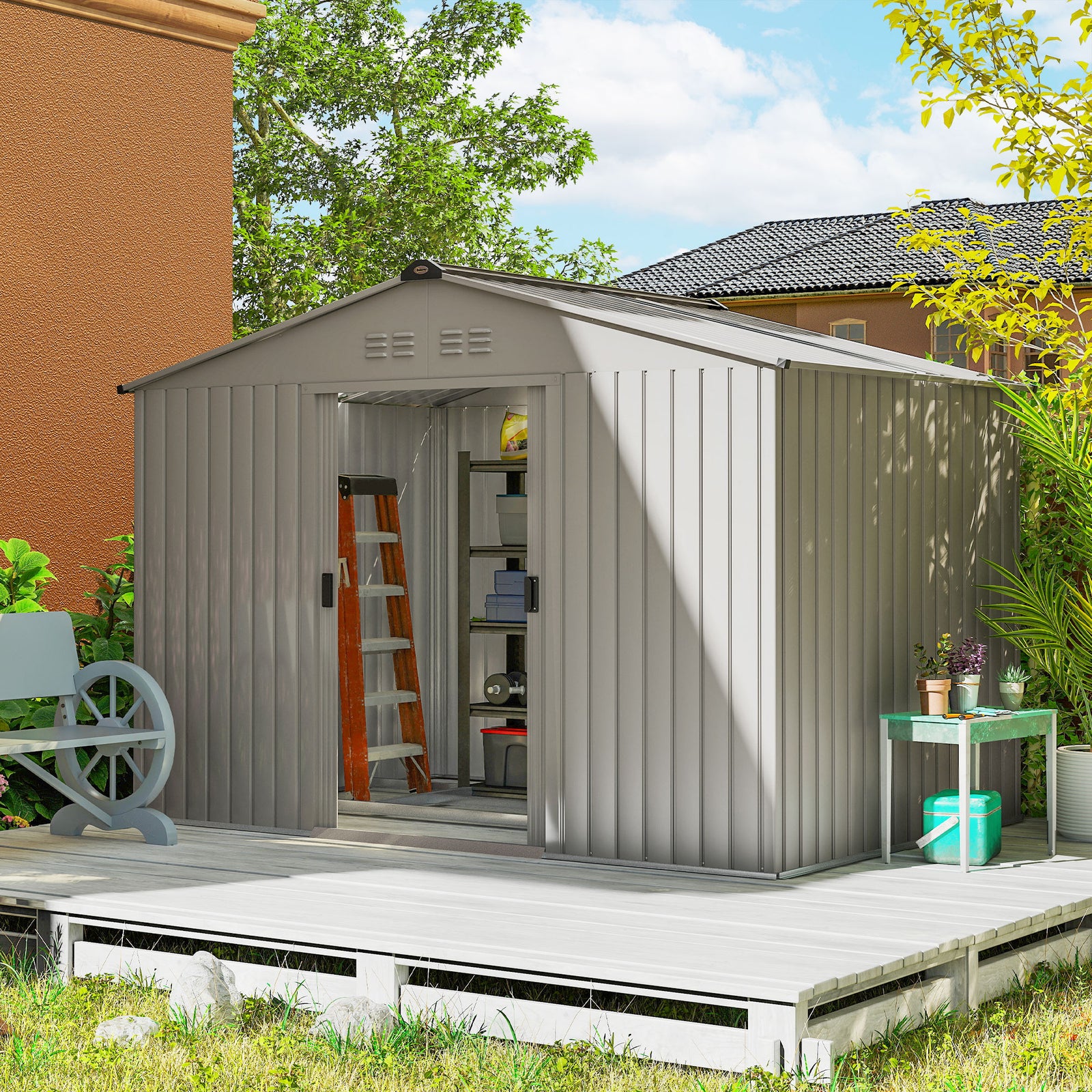 9 X 6ft Galvanised Garden Storage Shed With Sliding Door