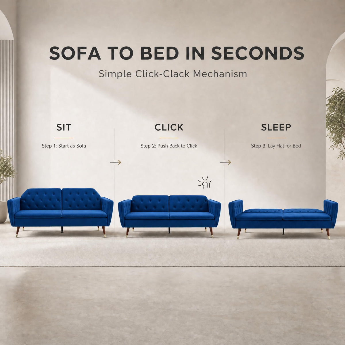 Victoria Velvet Sofa Bed 3 Seater | Blue