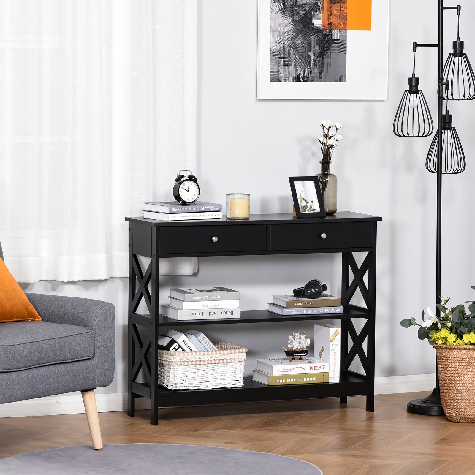 Console Table Side Desk Shelves Drawers Open Top X Support | One Size | Black