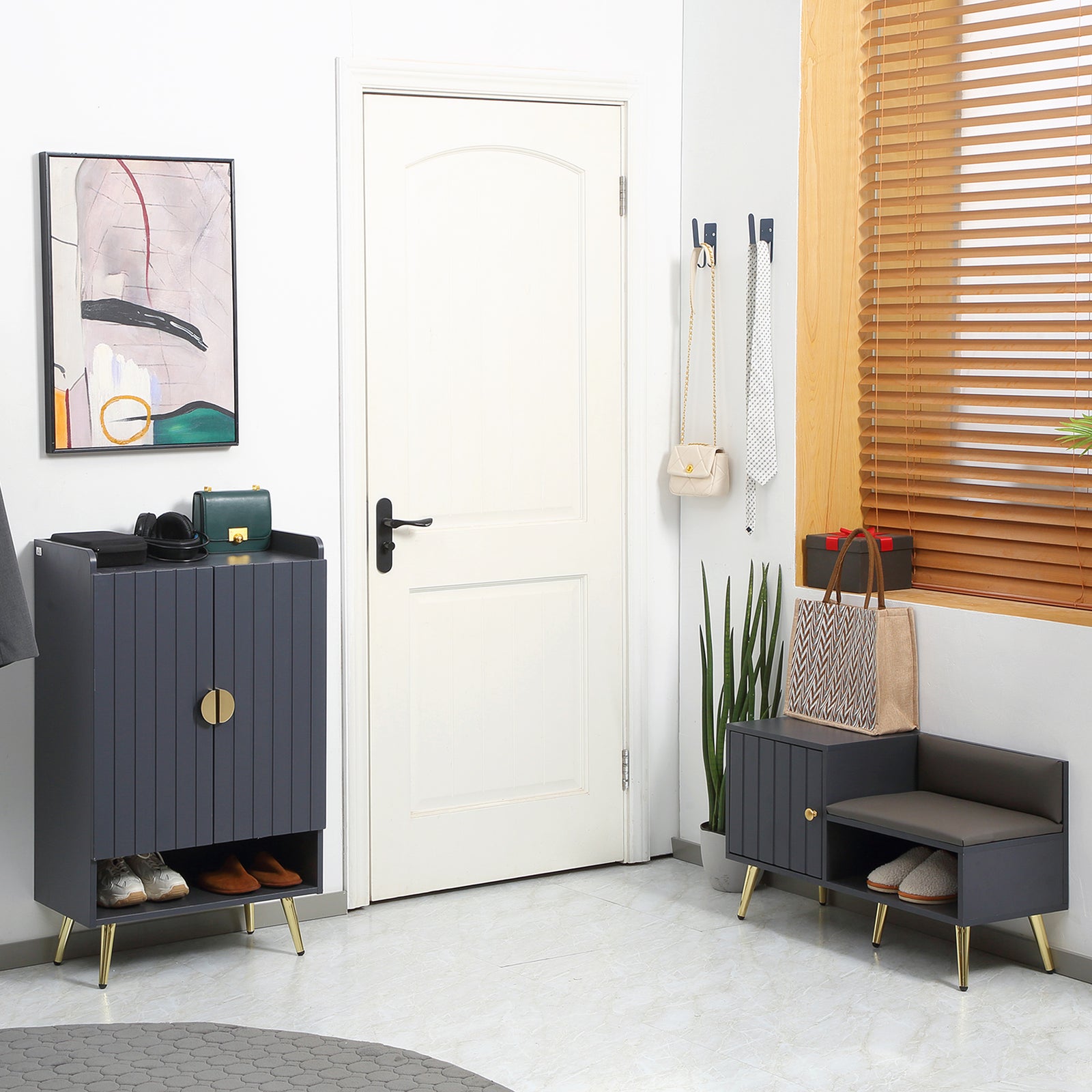 Upholstered Entryway Shoe Bench Storage Cabinet Open Shelf | One Size | Gray