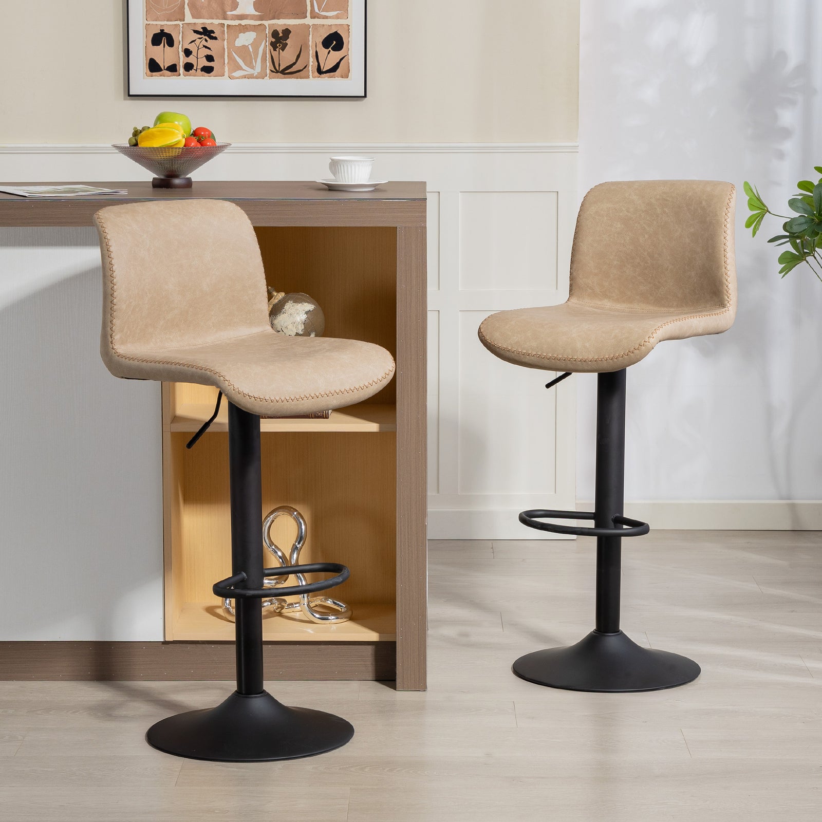 Barstools Set Of 2, Dining Stools With Backrest And Footrest | Beige
