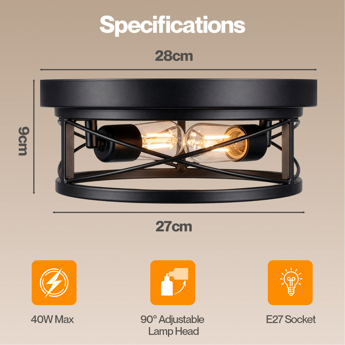 Emitto Ceiling Lights E27 Metal Cage 90° Adjustable Heads Kitchen Fixture Black