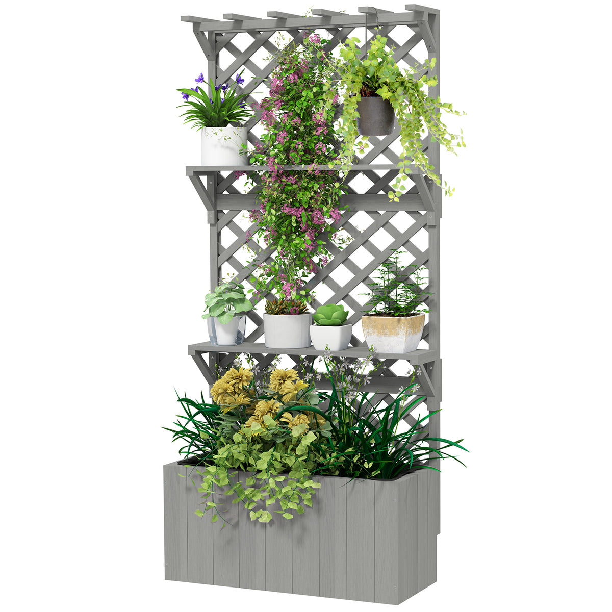 Outsunny Wooden Raised Planter With Trellis And 2 Shelves, Grey