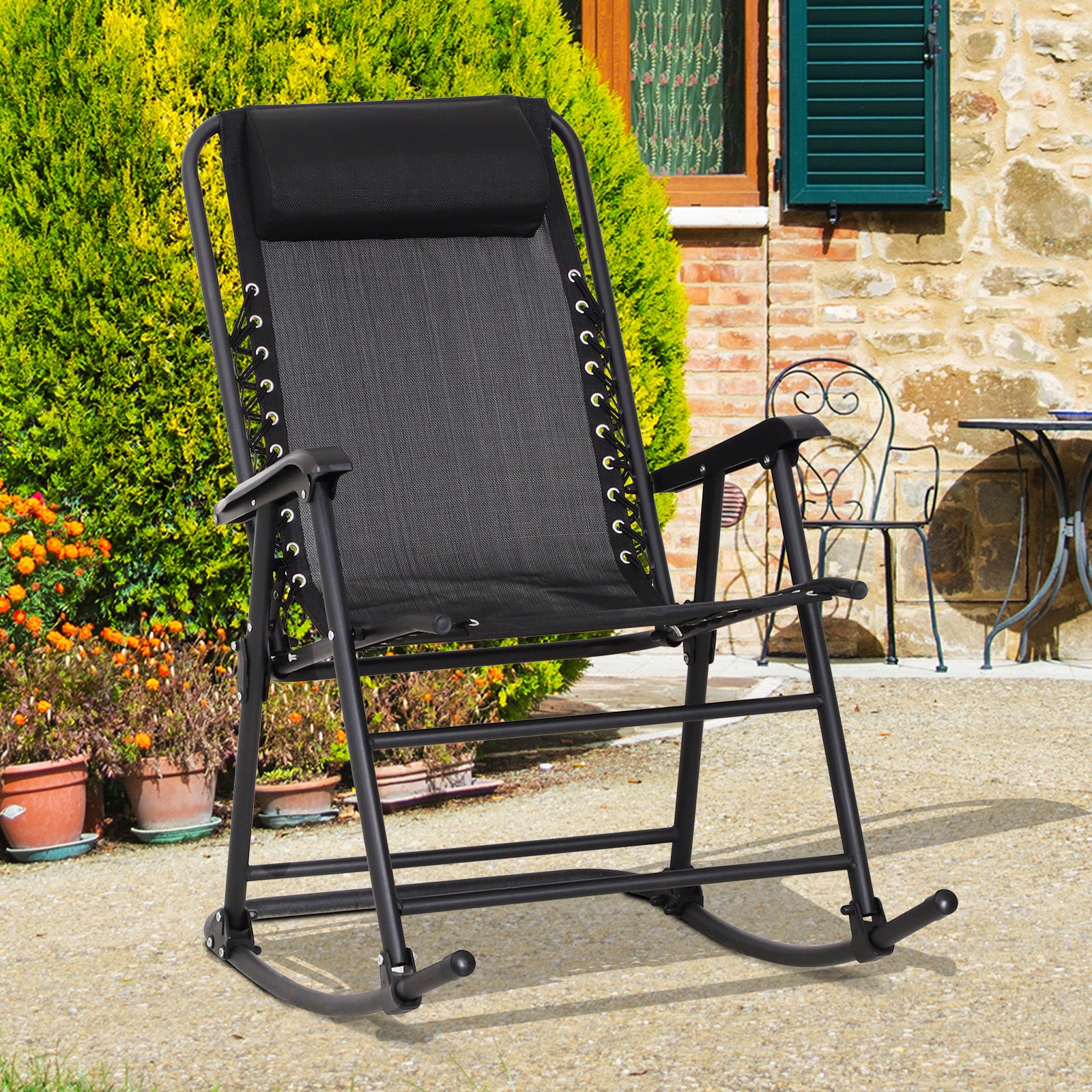 Folding Rocking Chair Zero Gravity With Headrest | Black