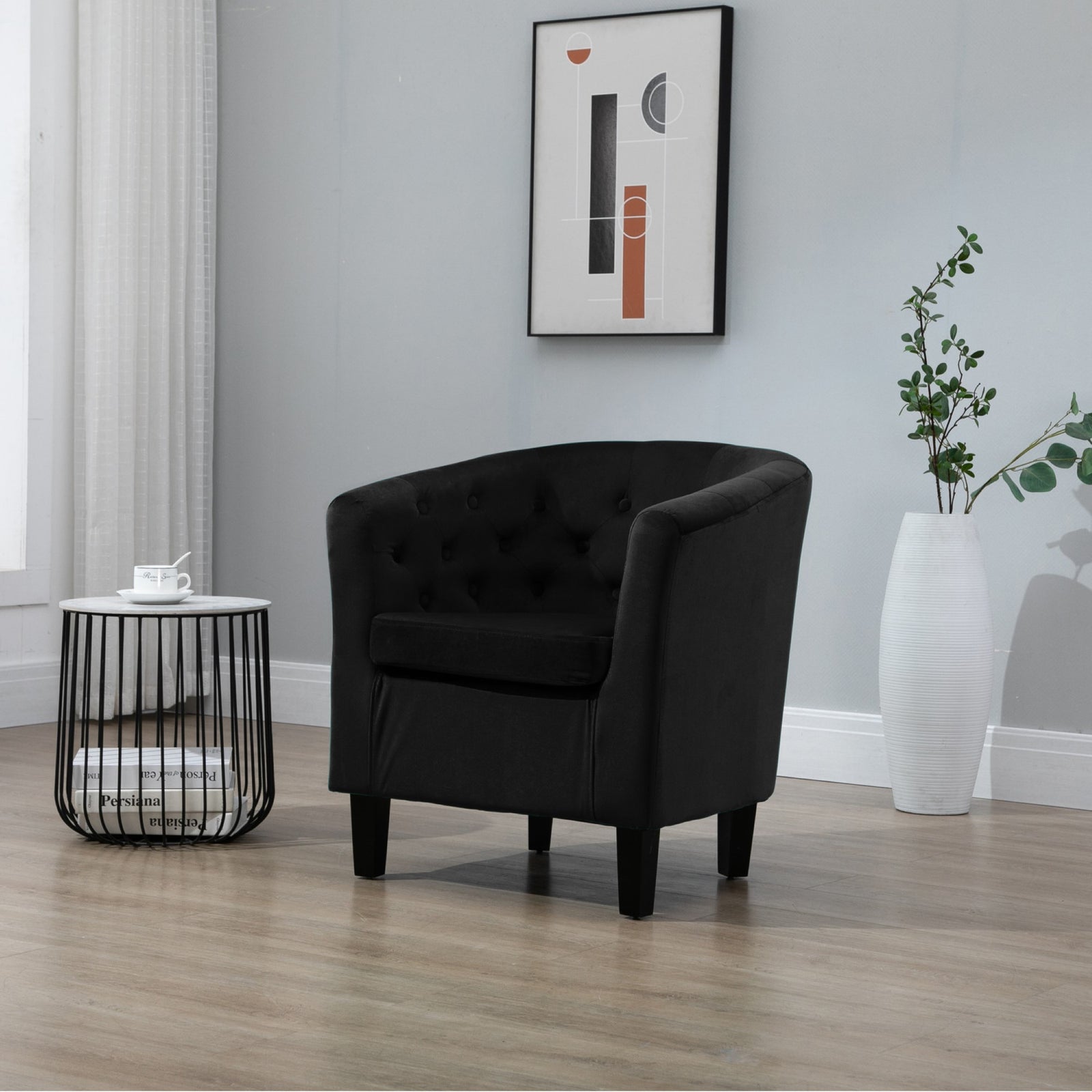 Aurora 69cm Wide Striped Fabric Tub Chair With Dark And Light Wooden Legs | Black