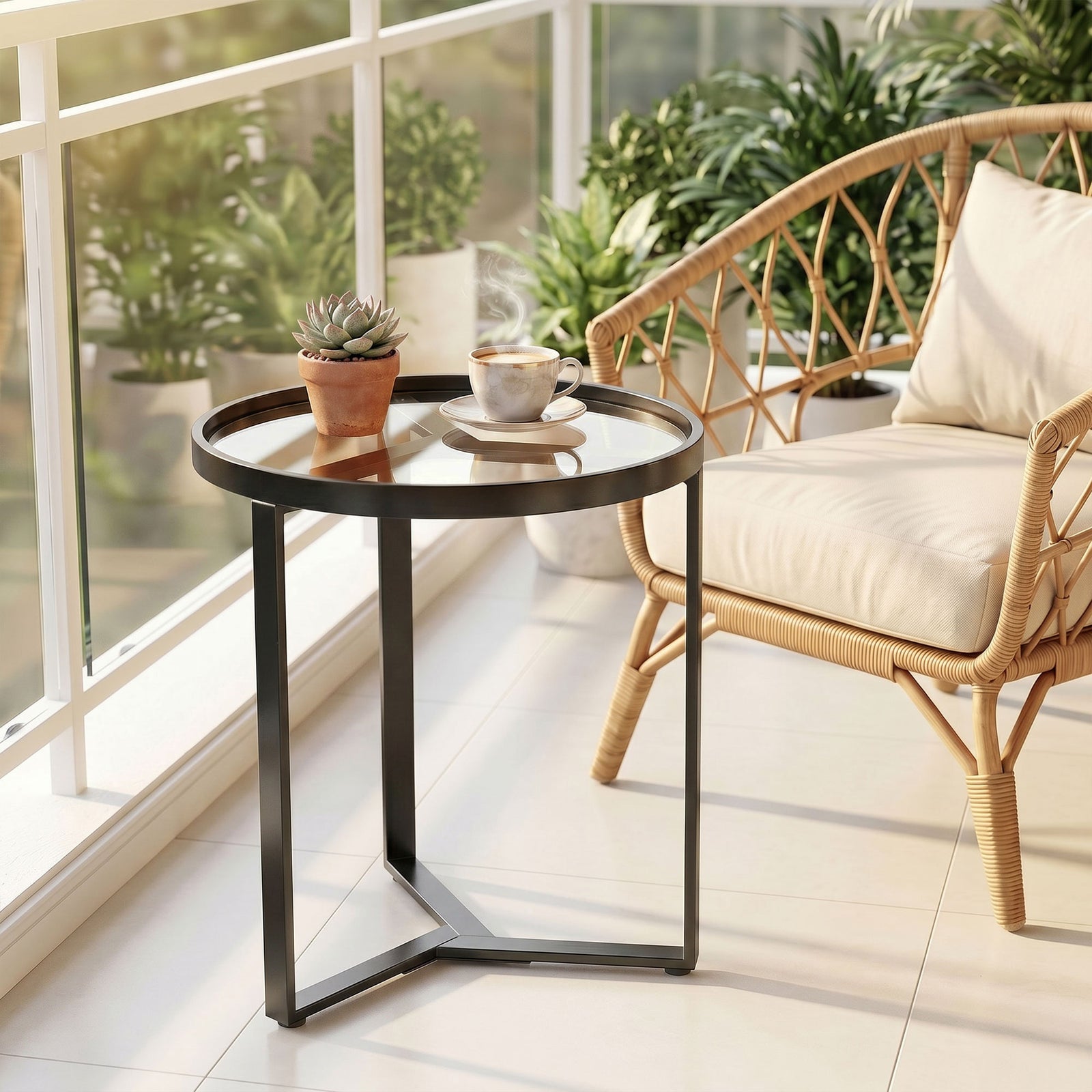 Round Side Table With Tempered Glass Top And Metal Frame | Black