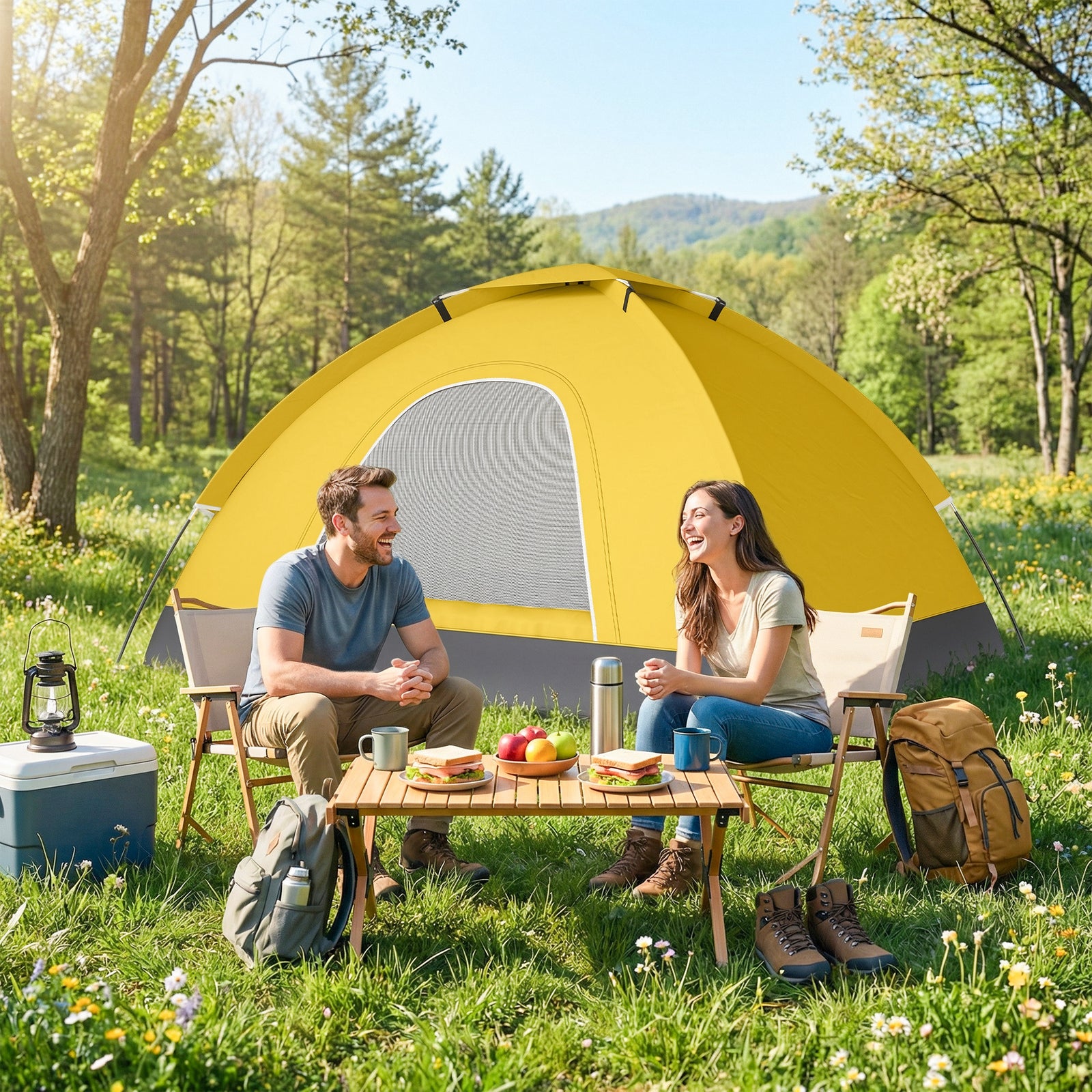2 Person Camping Tent, Dome Tent With Storage Pocket | Yellow