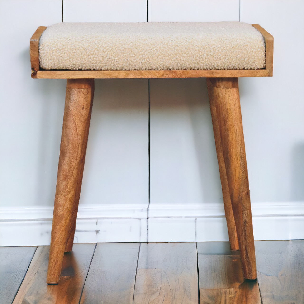 Solid Mango Wood Boucle Cream Tray Style Footstool