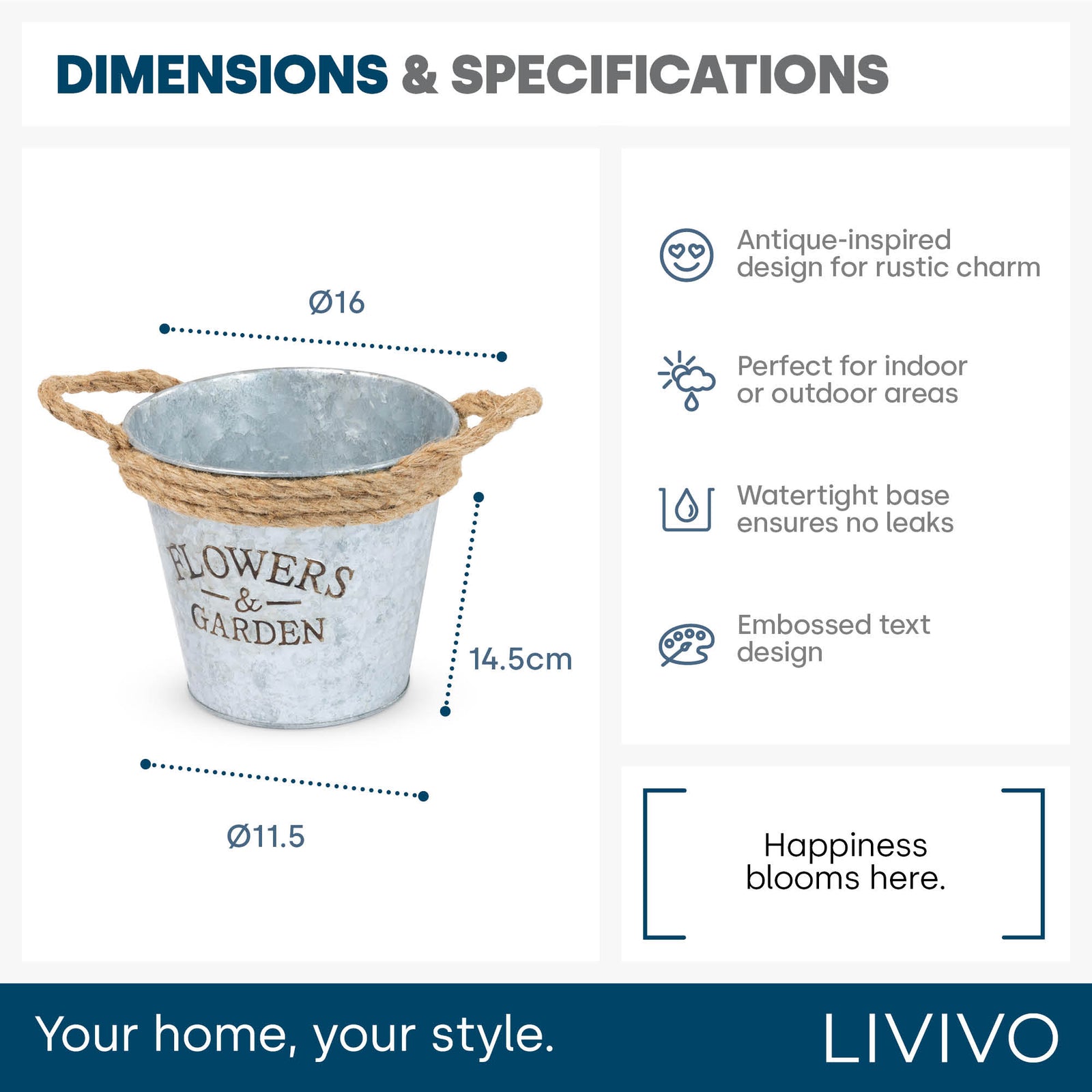 Livivo Round Zinc Plant Pot 16cm With Hessian Handle Set Of 2