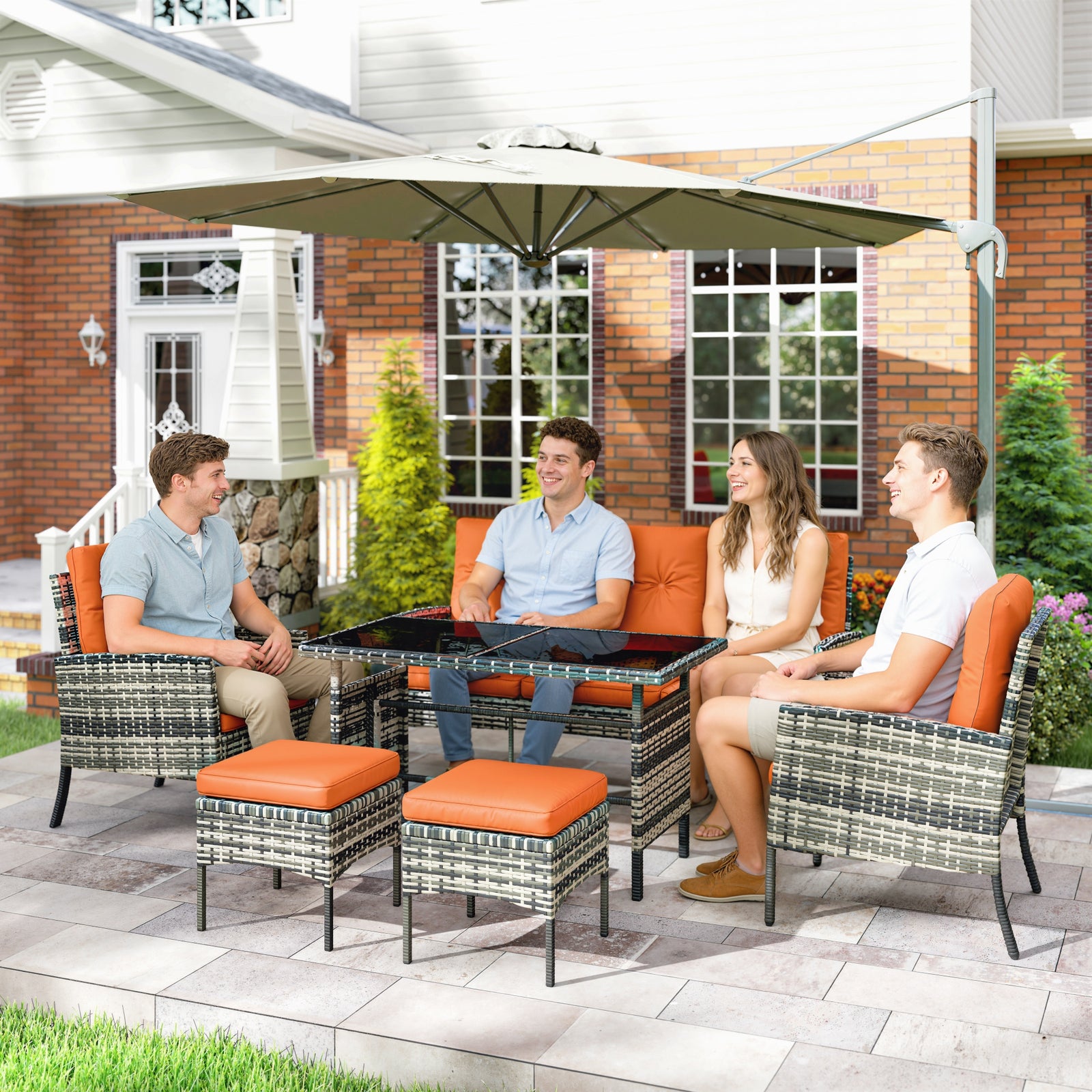 6 Pieces Rattan Garden Furniture Sofa Set With Cushions | Orange