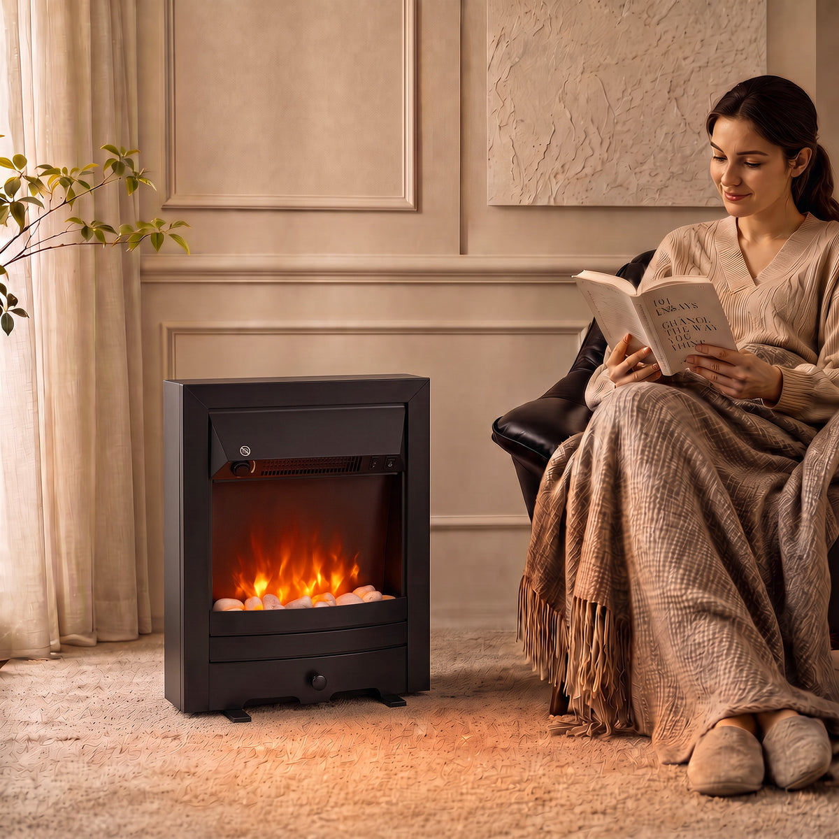 Electric Fireplace Stove Freestanding/inset, 1000w/2000w | Black