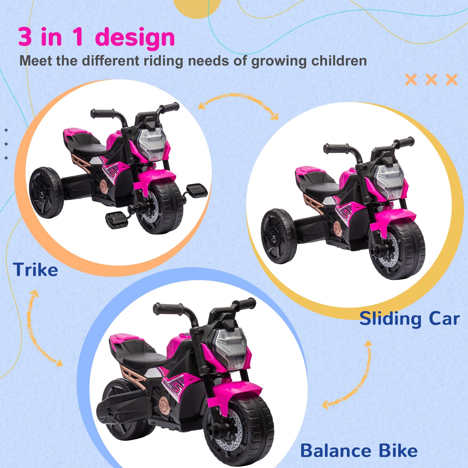 3 In 1 Baby Trike With Headlights, Music, Horn | Pink