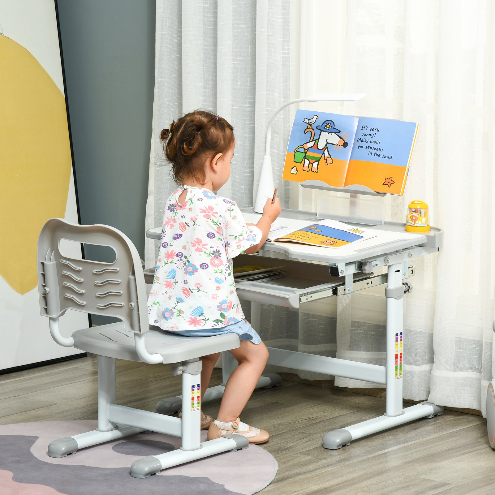 Kids Study Desk And Chair Set W/ Usb Lamp, Adjustable Height | Grey