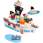 Bigjigs Toys Wooden Mini Pirate Ship Playset, Includes 10 Play Pieces