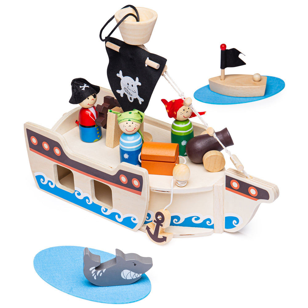 Bigjigs Toys Wooden Mini Pirate Ship Playset, Includes 10 Play Pieces