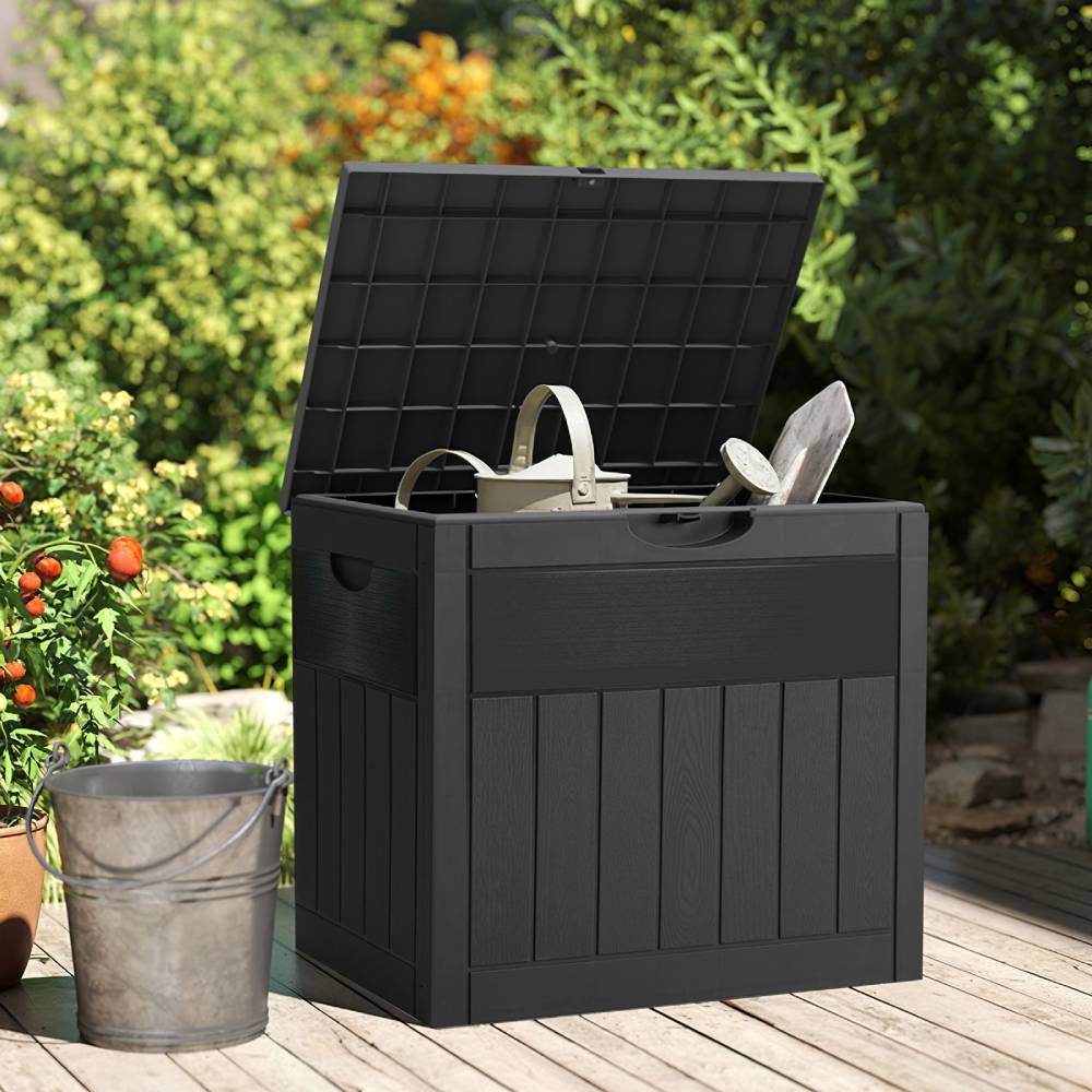 126l Waterproof Plastic Storage Box With Padlock – Lockable Wood-grain Outdoor & Indoor Container | Black
