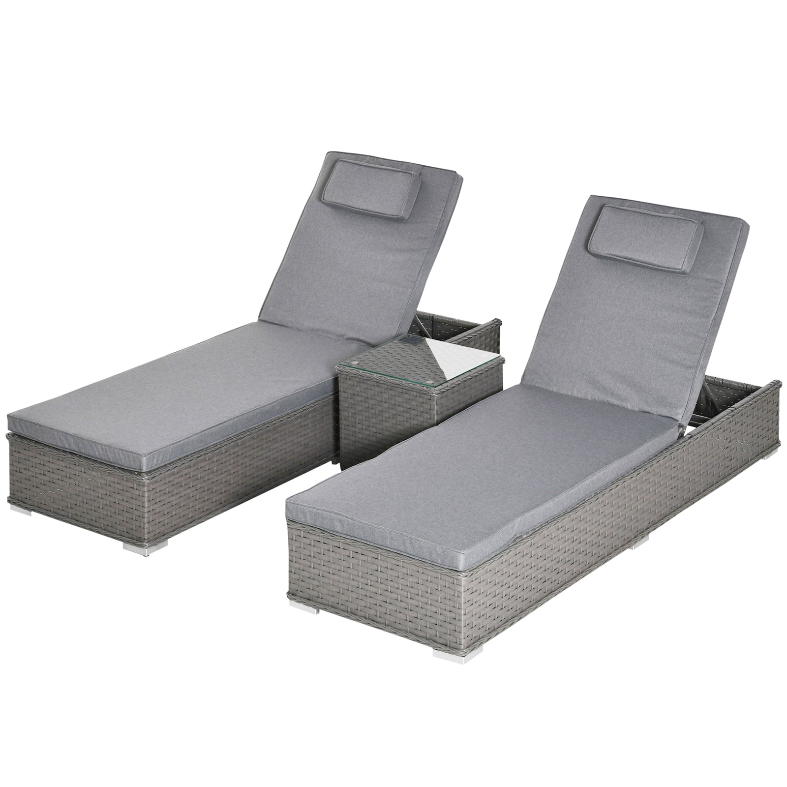3pc Rattan Sun Lounger Set W/ Side Table - Grey