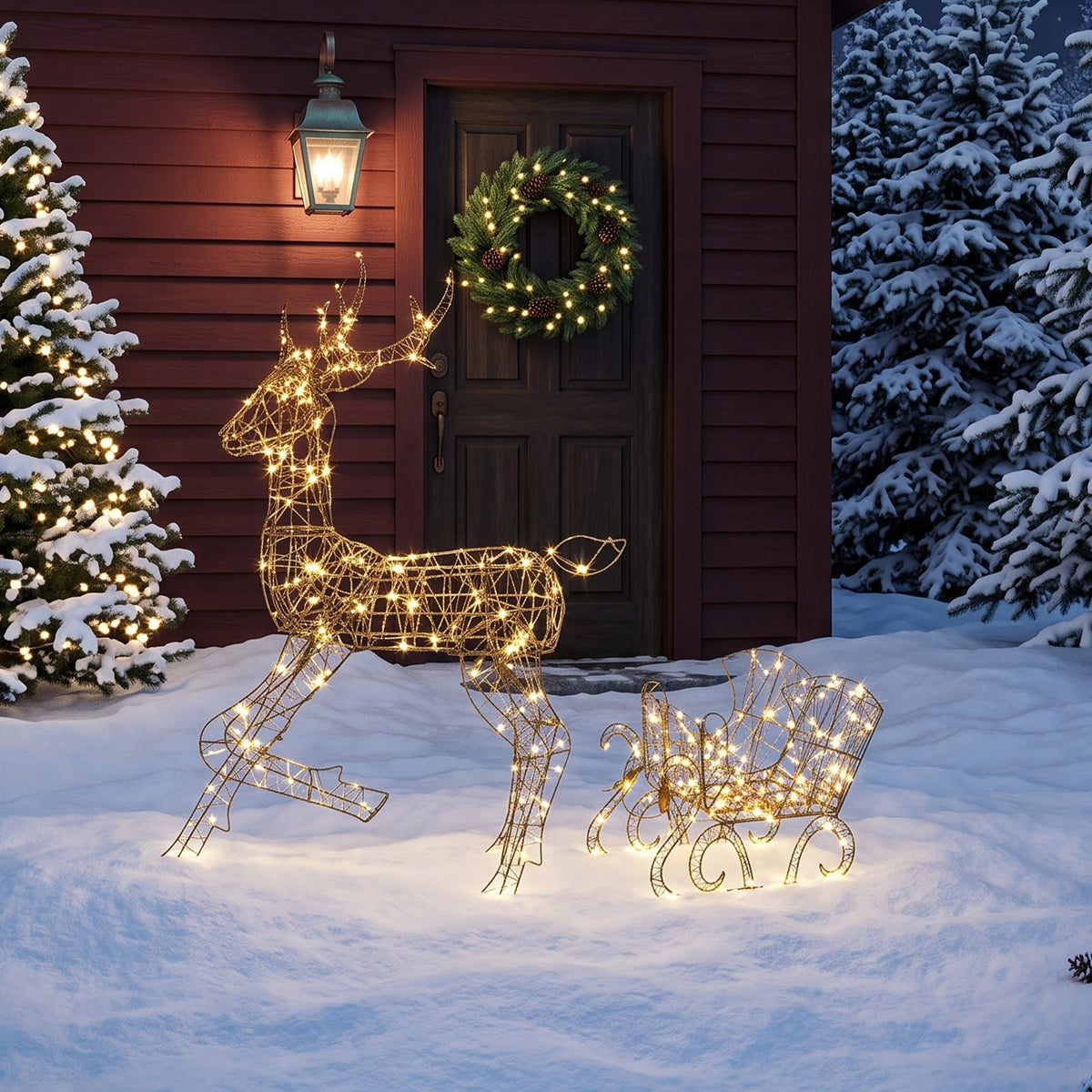 Outsunny Lighted Reindeer And Sleigh Set, Outdoor Christmas Decoration