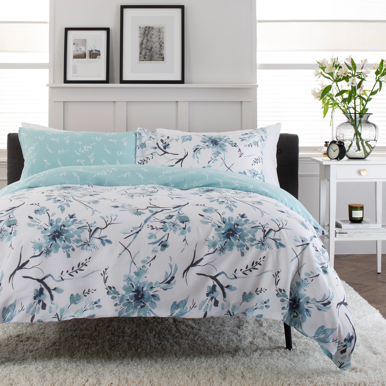 Cherry Blossom Blue Cotton Rich Reversible Duvet Cover Set | Single | Blue