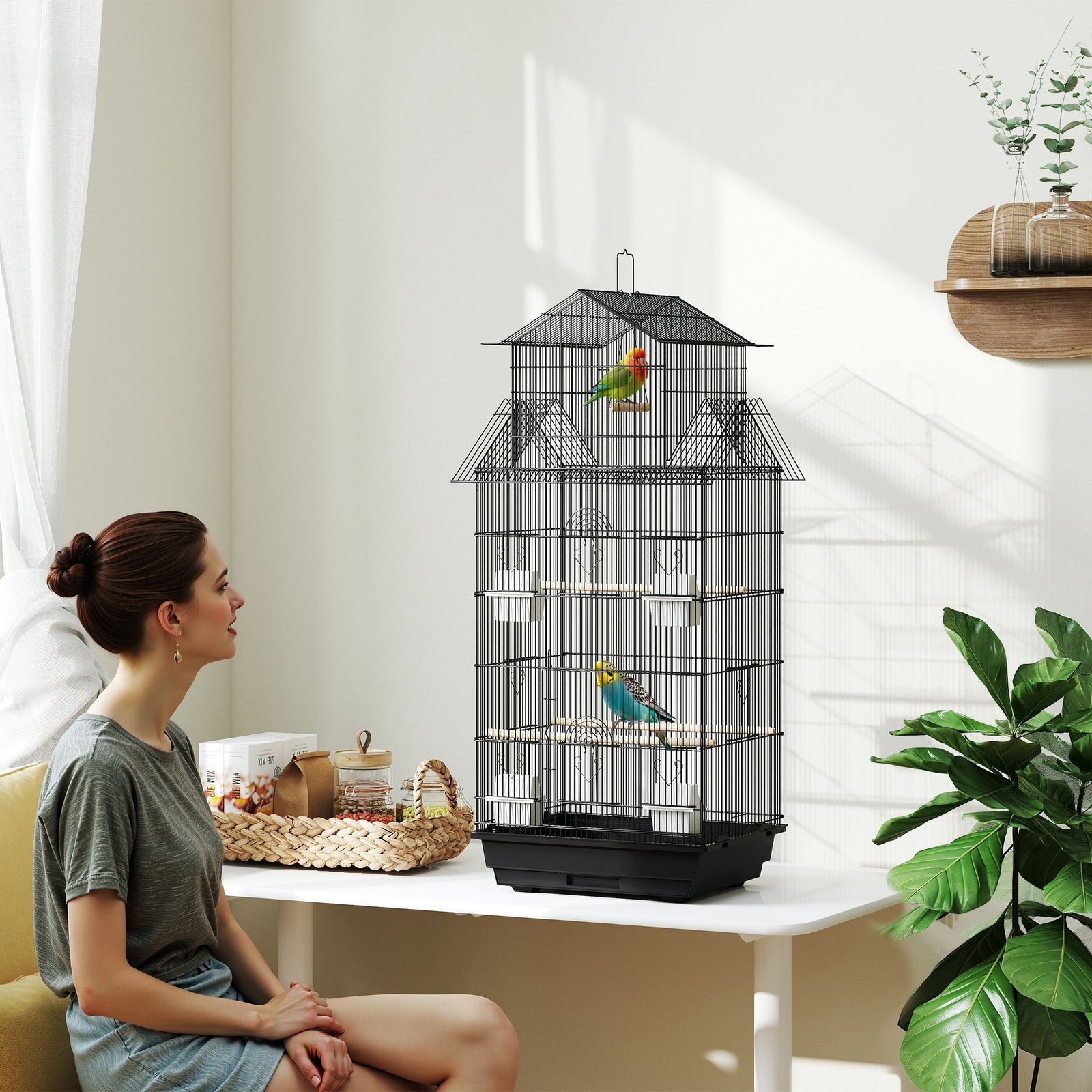 Metal Bird Cage W/ Perch, Food Container, Handle, For Finch, Canary | Small | Black