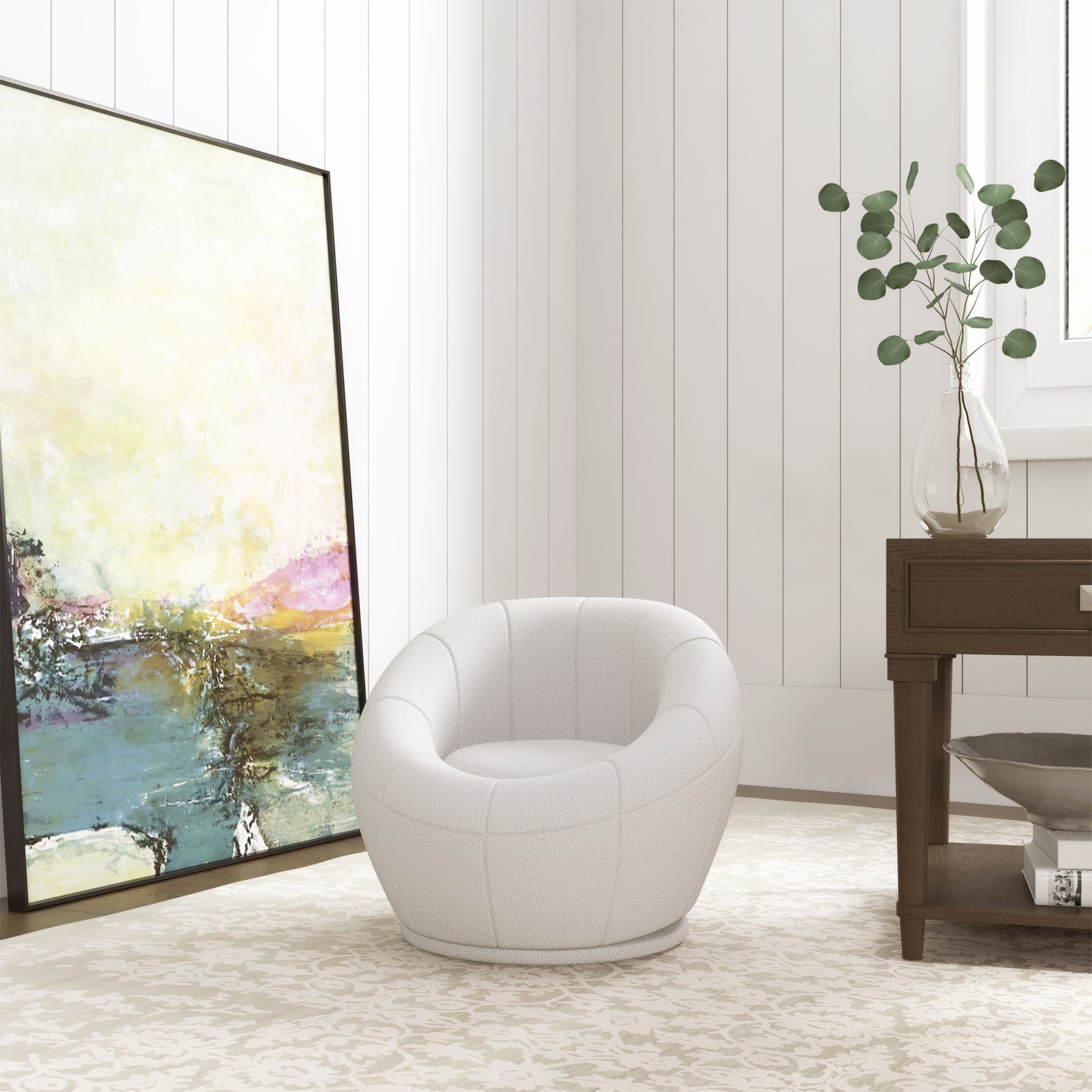 Modern Round Boucle Armchair Accent Chair Living Room | One Size | White