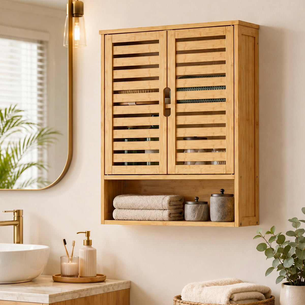 HOMCOM Wall Mounted Bathroom Cabinet With 2 Louvered Doors, Open Shelf