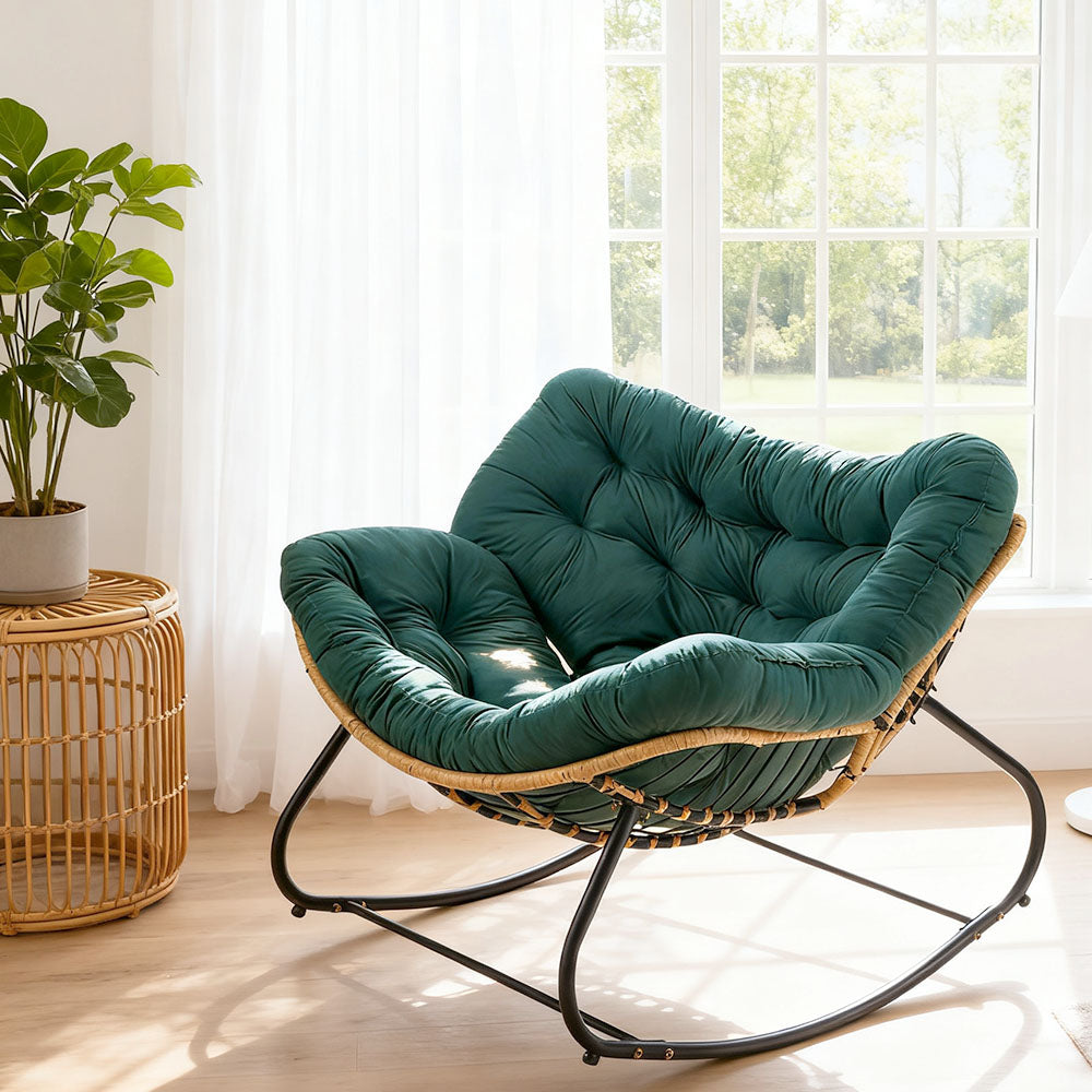 Elegant Rattan Rocking Chair With Cushioned Seat – Stylish And Comfortable Relaxation | Dark Green