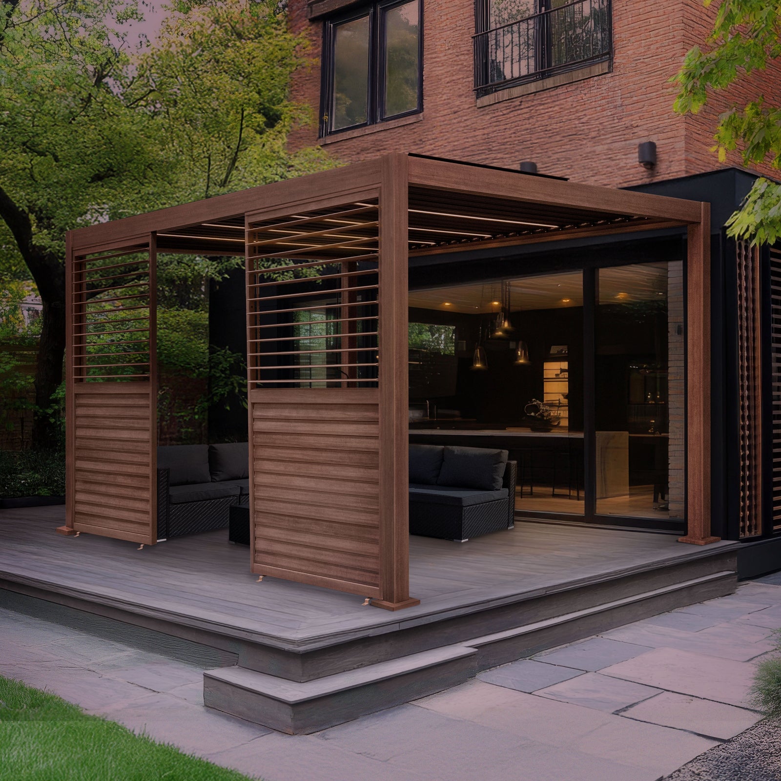 Wood Effect Aluminium Pergola With Led Lights & 2 X Side Panels | 3m x 3m | Brown