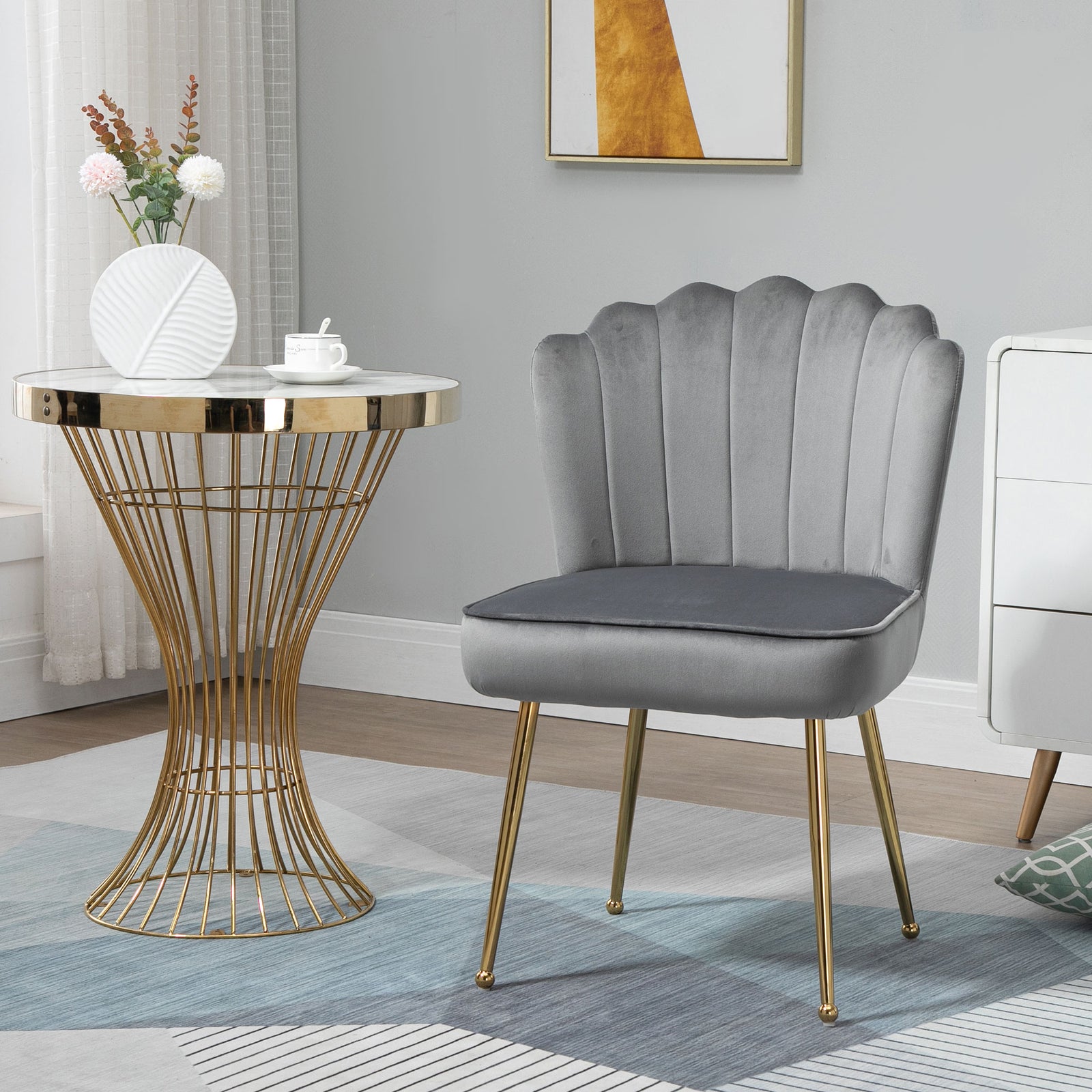 Velvet-feel Shell Accent Chair Bedroom Lounge Metal Legs | One Size | Gray