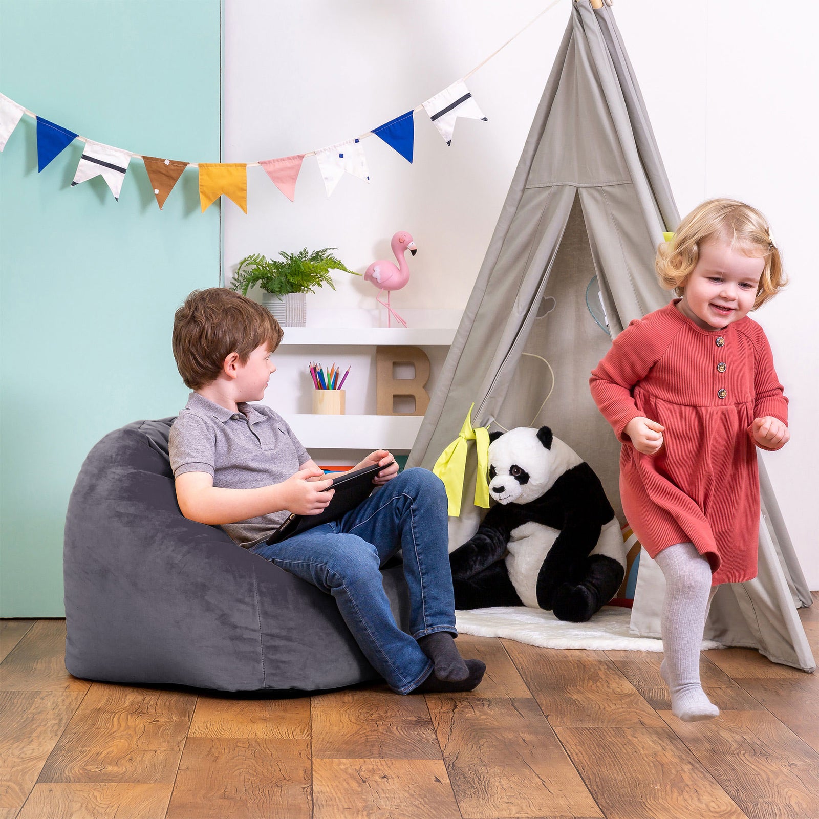 Kids Aurora Velvet Bean Bag Chair | Charcoal