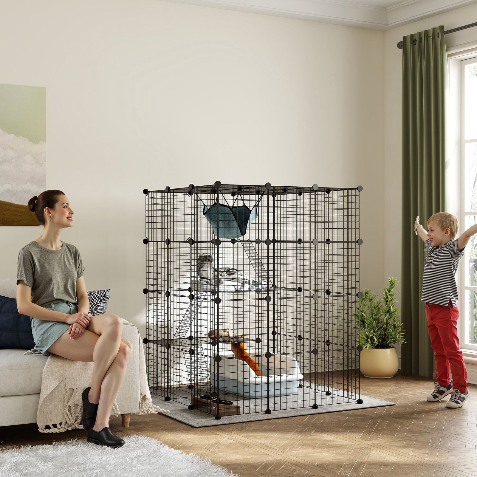 Diy Cat Cage Indoor, 4-tier Cat Enclosure W/ Hammock, Ramps, Doors, For 1-3 Cats