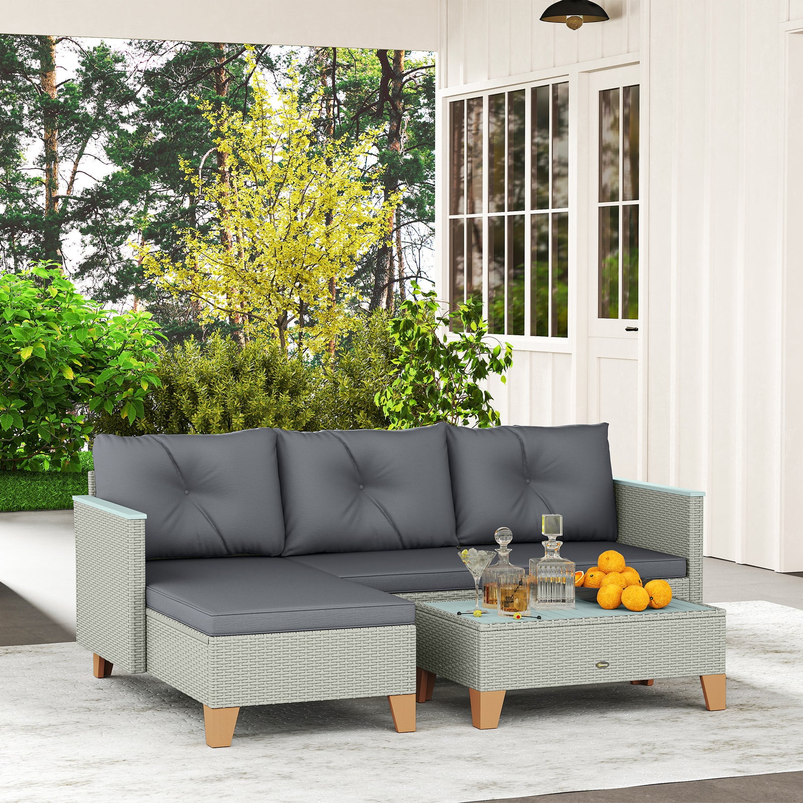 3 Pieces Rattan Lounge Set, L-shaped With Wood Table | Charcoal Gray