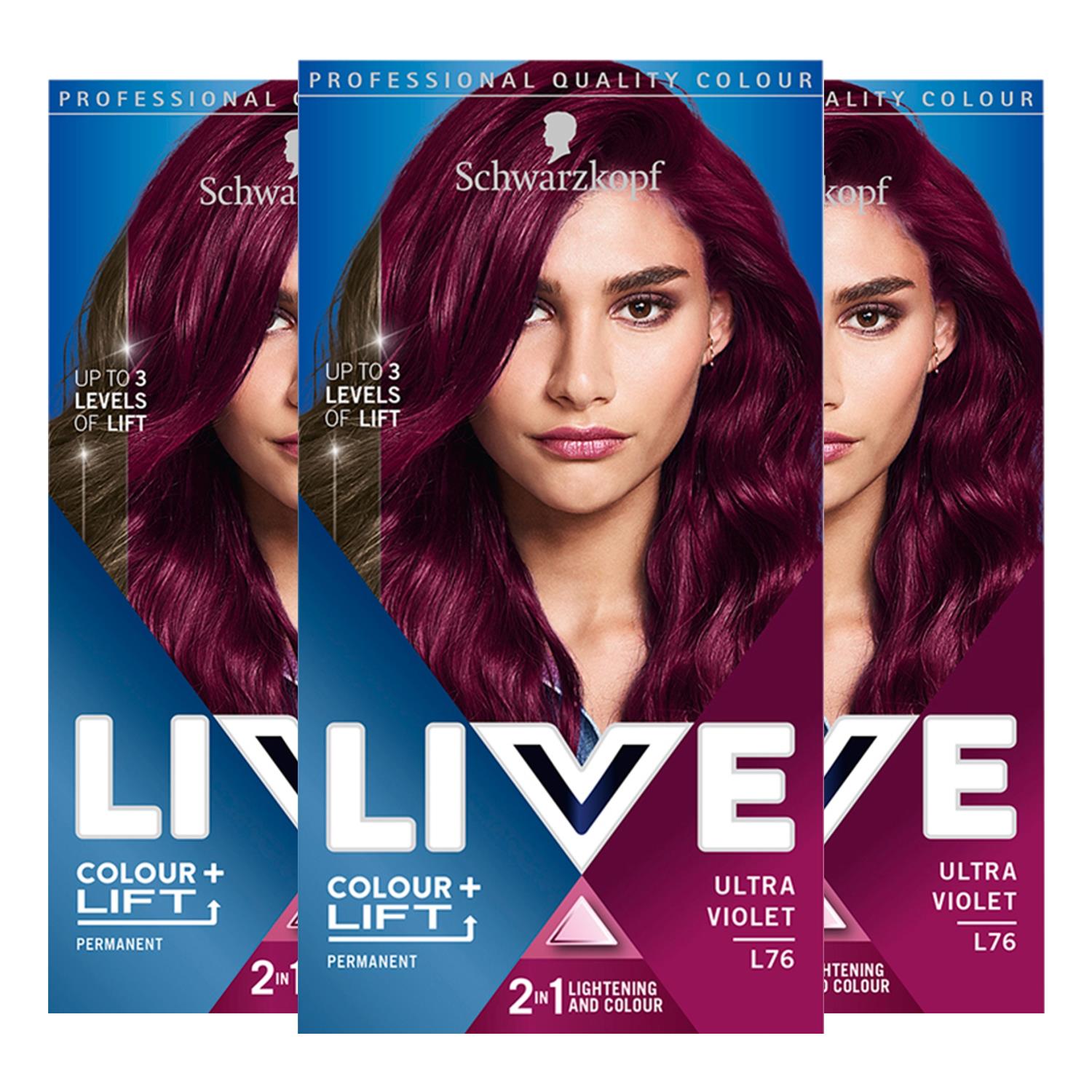 Schwarzkopf Live Ultra Violet Permanent Hair Dye, Colour + Lift L76 3 Pack
