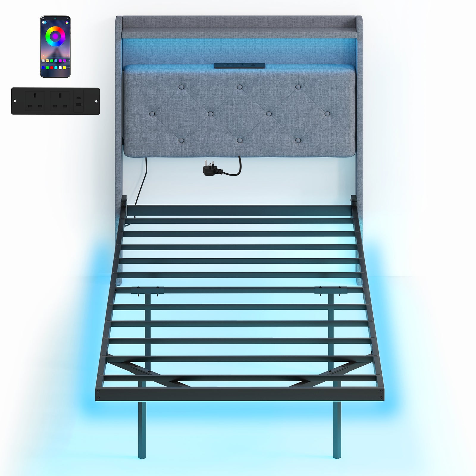 Floating Bed Frame With Rgb Lights, Upholstered Bed | Single | Grey