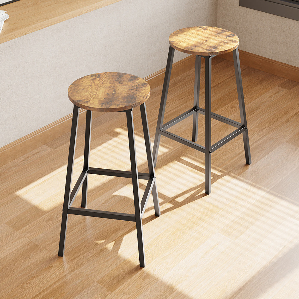 Set Of 2 Industrial Wooden Round Bar Stools With Metal Legs – Vintage Style