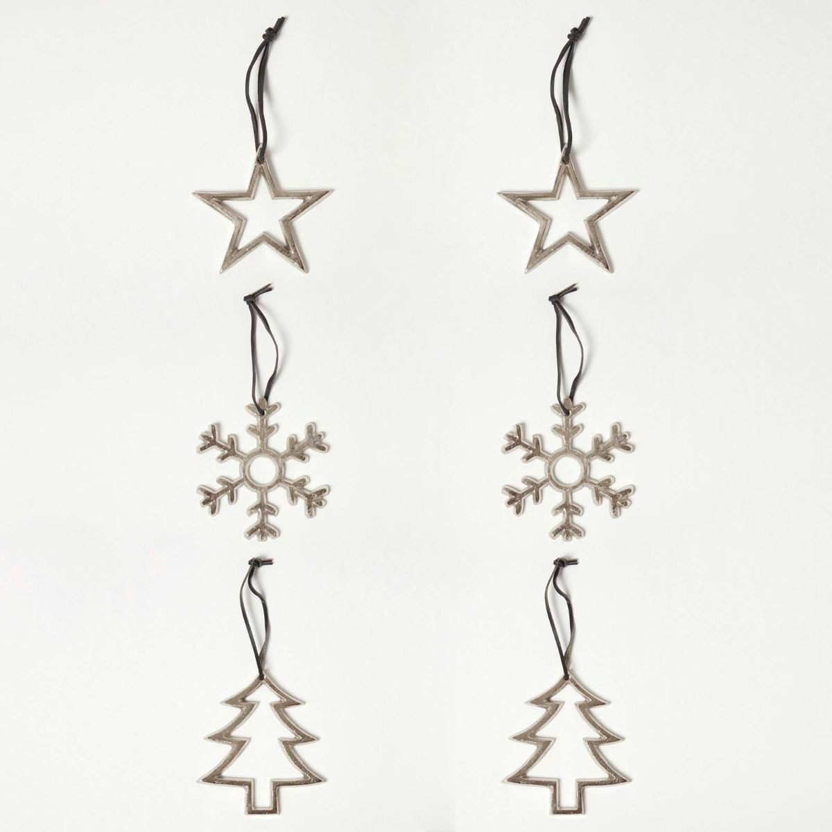 HOMESCAPES Set Of 3 Silver Christmas Ornaments Star Tree Snowflake
