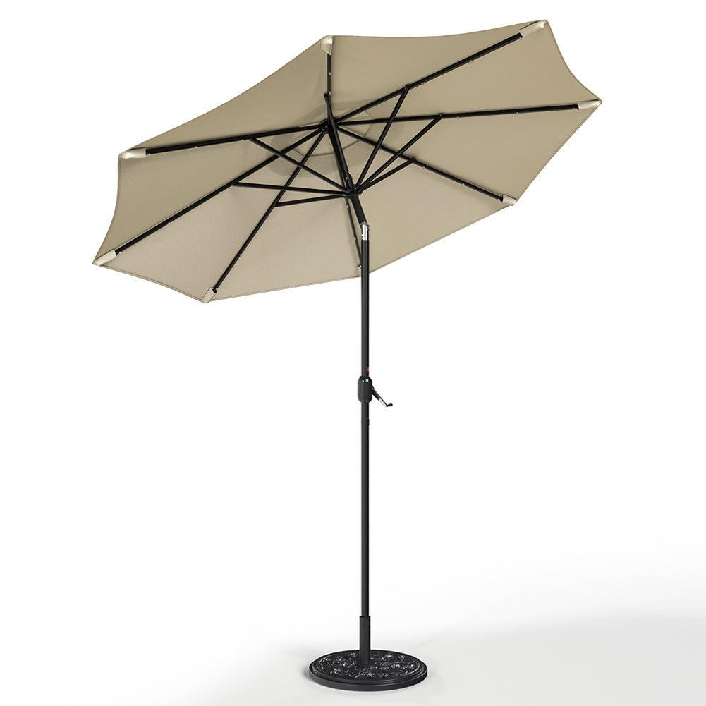 3m Outdoor Patio Parasol – Solar-powered Umbrella With 24 Led Lights, Tilt & Crank Handle, With Cement Base | One Size | Beige