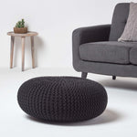 HOMESCAPES Black Large Round Cotton Knitted Pouffe Footstool