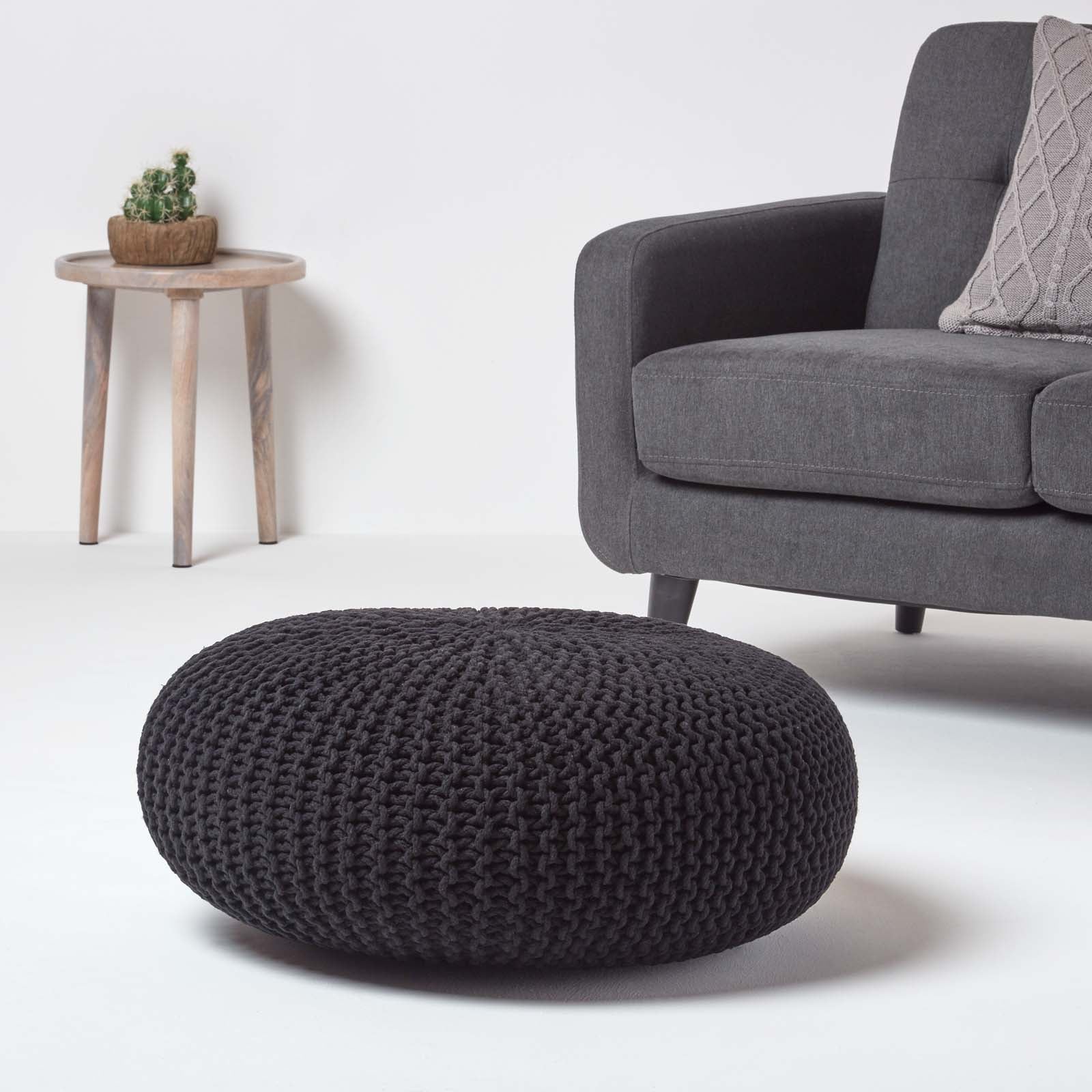 HOMESCAPES Black Large Round Cotton Knitted Pouffe Footstool