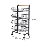 3/4/5-tier Adjustable Black Carbon Steel Storage Cart Rolling Utility Organizer Trolley With Wooden Handle | Medium | Black