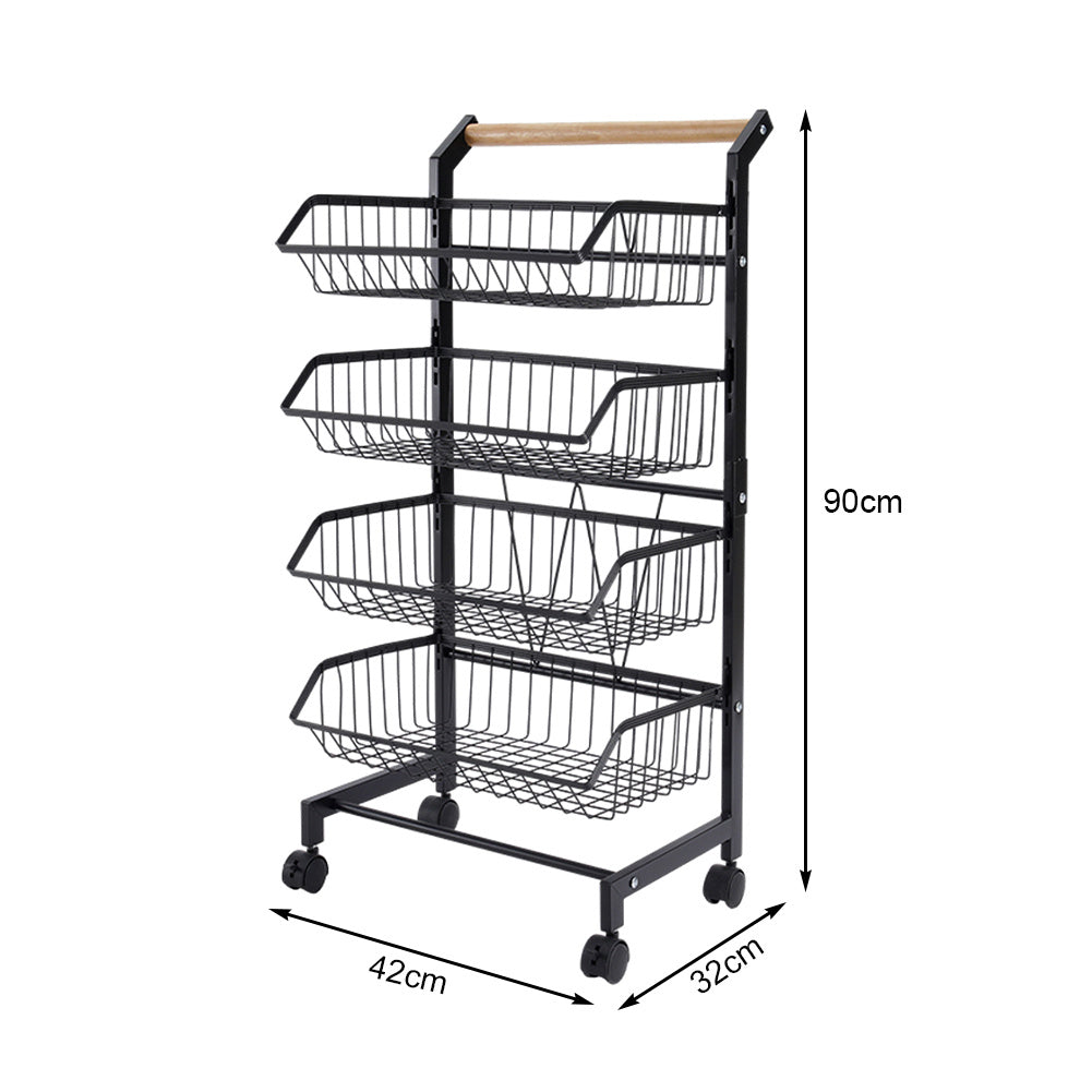 3/4/5-tier Adjustable Black Carbon Steel Storage Cart Rolling Utility Organizer Trolley With Wooden Handle | Medium | Black