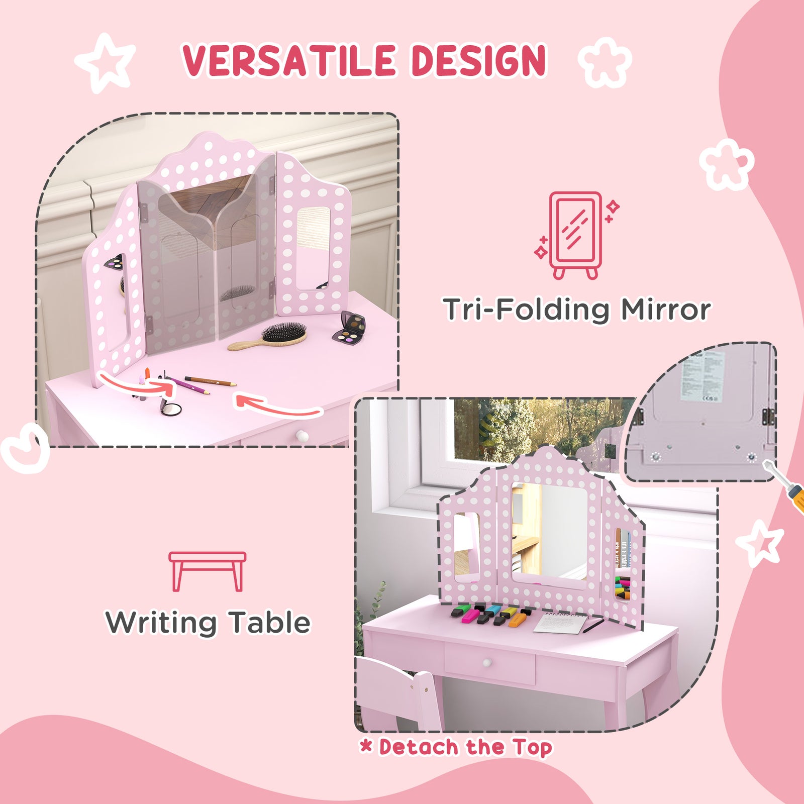 Kids Dressing Table Set Make Up W/ Stool, Drawer, For Playroom | Pink