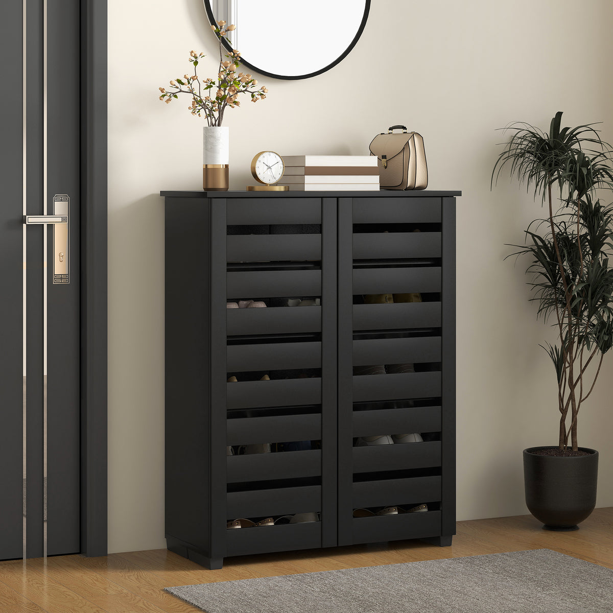 HOMCOM Shoe Storage Cabinet With Slatted Doors For 15 Pairs Of Shoes